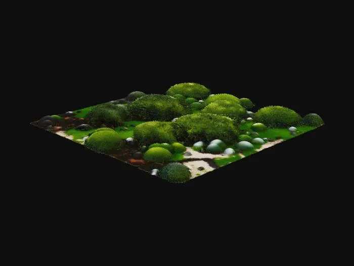 3D model for Create a highly realistic 3D mesh of forest moss as a dense, soft, organic ground cover. The moss should form irregular natural clumps with subtle height variation, small tufts, and uneven patches. It must look like real woodland moss: layered, slightly damp, with micro-detail and organic shapes. Include rich green tones with natural color variation (deep green, yellow-green, slightly brownish edges). The geometry should be optimized for tiling across large landscapes. Provide clean topology, medium-to-high poly detail, and generate high-quality PBR textures (albedo, normal, roughness, AO). The final mesh should seamlessly tile when duplicated and be suitable for Nanite in Unreal Engine 5.