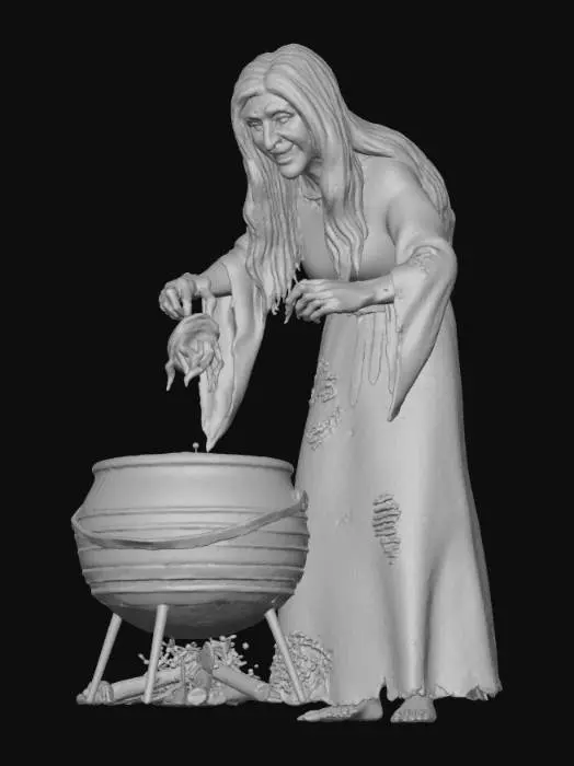 3D model for sorcière dans une hutte qui met un crapaud dans un chaudron