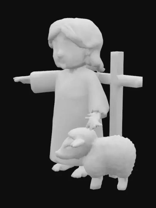 3D model for Cute little Jesus character in T-pose, Pixar style, curly brown hair, wearing a brown shepherd robe, holding a wooden cross in one hand, a small lamb standing beside him, soft lighting, calm expression