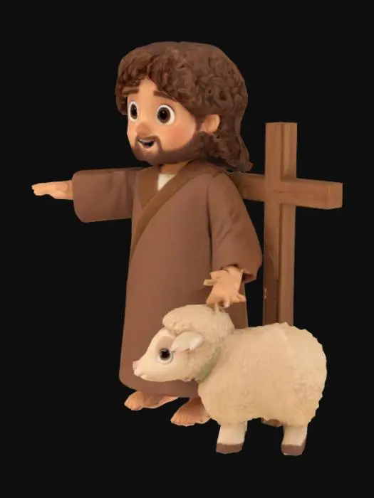 3D model for Cute little Jesus character in T-pose, Pixar style, curly brown hair, wearing a brown shepherd robe, holding a wooden cross in one hand, a small lamb standing beside him, soft lighting, calm expression