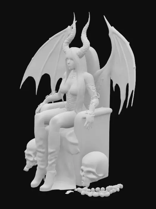 3D model for A figure of female Satan sitting on his throne. The throne is made out of bones and skulls. His skin looks red and bloody. The bones on the throne are white and gray.