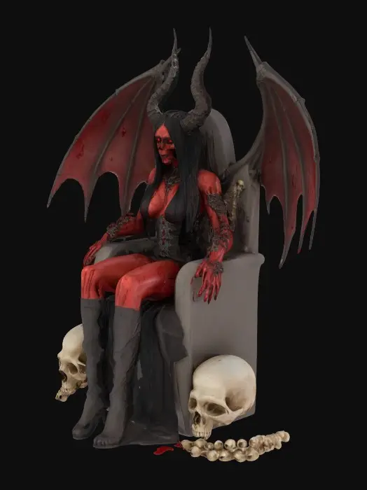 3D model for A figure of female Satan sitting on his throne. The throne is made out of bones and skulls. His skin looks red and bloody. The bones on the throne are white and gray.