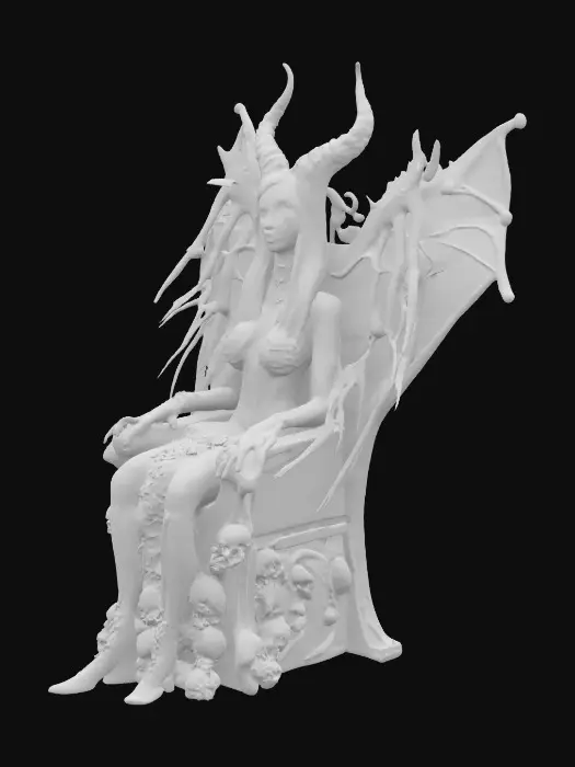 3D model for A figure of female Satan sitting on his throne. The throne is made out of bones and skulls. His skin looks red and bloody. The bones on the throne are white and gray.