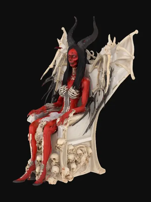 3D model for A figure of female Satan sitting on his throne. The throne is made out of bones and skulls. His skin looks red and bloody. The bones on the throne are white and gray.