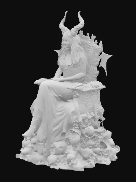 3D model for A figure of a black female nude Satan sitting on her throne. The throne is made out of bones and skulls. His skin looks red and bloody. The bones on the throne are white and gray.