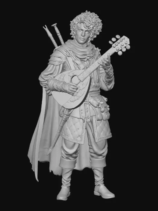 3D model for Traditional watercolor + ink fantasy illustration: muted coastal palette, foggy harbor backdrop with faint dock pilings and distant ships, gritty paper texture, soft ink linework and watercolor wash. If working off of a screenshot from heroforge, remove the base so the character is not artificially separated from the world.