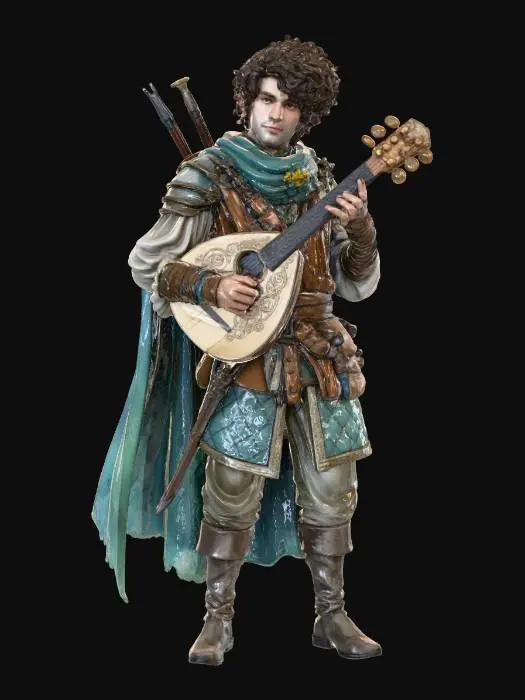 3D model for Traditional watercolor + ink fantasy illustration: muted coastal palette, foggy harbor backdrop with faint dock pilings and distant ships, gritty paper texture, soft ink linework and watercolor wash. If working off of a screenshot from heroforge, remove the base so the character is not artificially separated from the world.