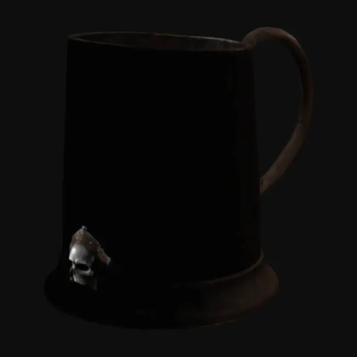 3D model for create a leather pirate beer stein for inworld game asset that is resizable to make really small in game. skull logo on bottom of stein and on handle of stein.