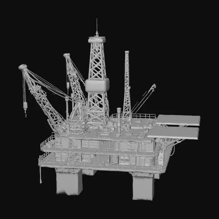 3D model for Create a low-poly 3D abandoned oil rig environment set in the middle of the ocean. The structure should feature rusted metal, broken railings, collapsed cranes, and damaged pipes, with subtle vegetation like seaweed or moss growing on the lower areas. Include a main drilling tower, helipad, and multiple rust-stained platforms connected by narrow walkways. The surrounding low-poly ocean should have muted colors and calm polygonal waves. Maintain a stylized low-poly aesthetic with simplified geometry and a desaturated, moody color palette to evoke an abandoned, post-industrial atmosphere.