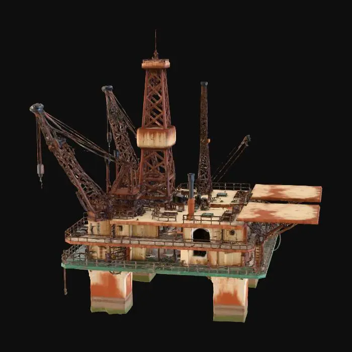 3D model for Create a low-poly 3D abandoned oil rig environment set in the middle of the ocean. The structure should feature rusted metal, broken railings, collapsed cranes, and damaged pipes, with subtle vegetation like seaweed or moss growing on the lower areas. Include a main drilling tower, helipad, and multiple rust-stained platforms connected by narrow walkways. The surrounding low-poly ocean should have muted colors and calm polygonal waves. Maintain a stylized low-poly aesthetic with simplified geometry and a desaturated, moody color palette to evoke an abandoned, post-industrial atmosphere.