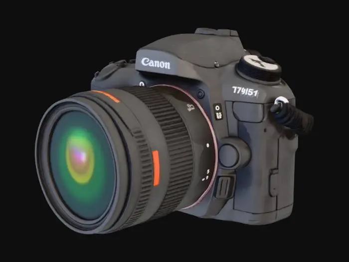 3D model for Professional DSLR camera with attached zoom lens. Magnesium alloy body, rubber grip texture, glossy multi-coated lens. Strap fabric weave visible. Ready to place in front row.
