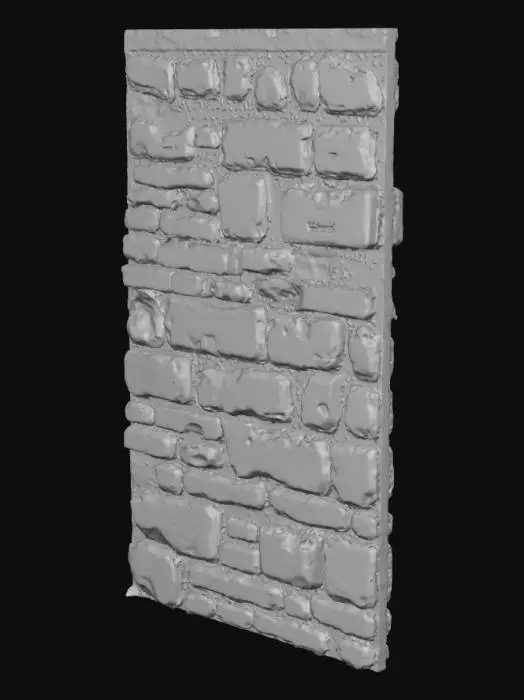 3D model for A 3D model of an old, interior brick wall for a 19th-century laboratory. The bricks are a dark, muted red, worn down, and unevenly laid. The mortar is dark and slightly crumbling. The entire wall looks damp and sooty, with visible grime and agestains and fine cracks
