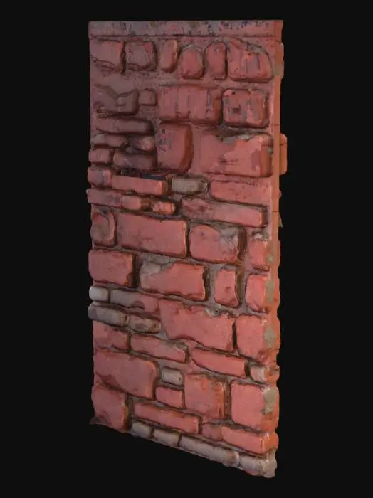 3D model for A 3D model of an old, interior brick wall for a 19th-century laboratory. The bricks are a dark, muted red, worn down, and unevenly laid. The mortar is dark and slightly crumbling. The entire wall looks damp and sooty, with visible grime and agestains and fine cracks