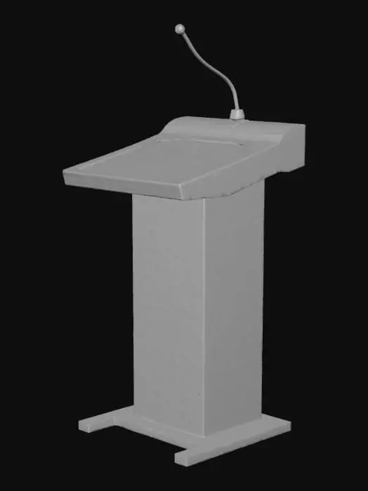 3D model for Modern academic podium. Matte black metal frame with slight edge wear. Oak wood reading surface (#5A3F36) with realistic grain (roughness 0.6). Integrated slender gooseneck microphone, chrome finish. Fingerprint smudges around edges. Height 1.1m.