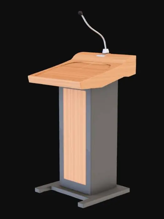 3D model for Modern academic podium. Matte black metal frame with slight edge wear. Oak wood reading surface (#5A3F36) with realistic grain (roughness 0.6). Integrated slender gooseneck microphone, chrome finish. Fingerprint smudges around edges. Height 1.1m.