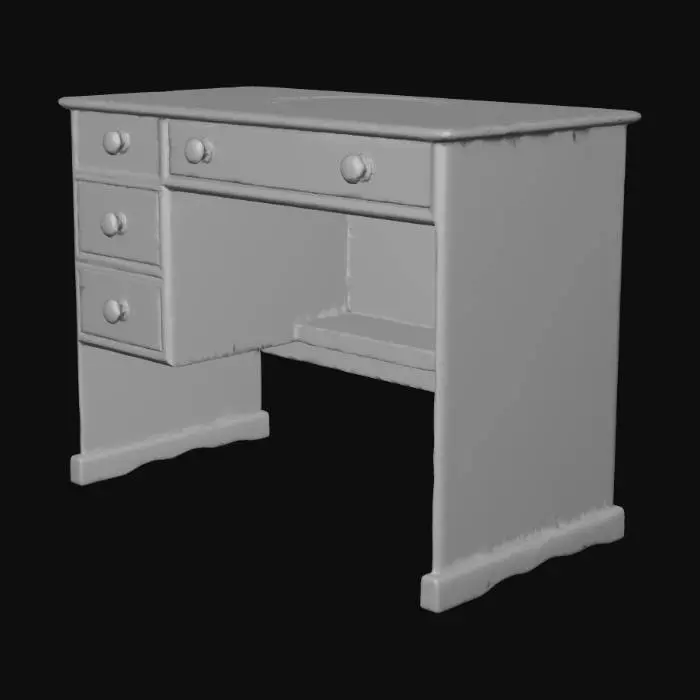 3D model for Realistic vintage teacher’s desk from 1950s Balkan classroom. Solid oak with slightly glossy finish (roughness 0.5), worn corners and mild discoloration. Brass handles on two drawers, subtle fingerprints around edges. Height 0.75m. Dust particles visible under sunlight, high-quality PBR.”