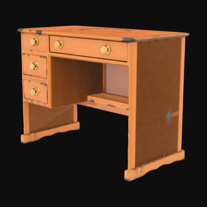 3D model for Realistic vintage teacher’s desk from 1950s Balkan classroom. Solid oak with slightly glossy finish (roughness 0.5), worn corners and mild discoloration. Brass handles on two drawers, subtle fingerprints around edges. Height 0.75m. Dust particles visible under sunlight, high-quality PBR.”