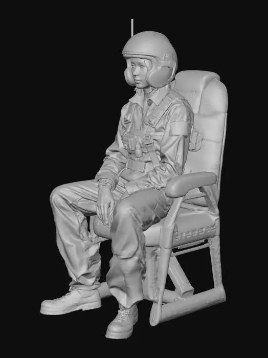 3D model for Create a highly detailed 3D model of a seated female X-Wing pilot. She is wearing an iconic orange flight jumpsuit with realistic fabric folds, straps, and belts, similar to the original Star Wars Rebel pilot outfit. Include a classic Rebel helmet with markings and visor, slightly worn for realism. The pose should be seated, as if in a cockpit, with hands resting naturally on controls or knees. Focus on accurate proportions, heroic and confident posture, and attention to small details like gloves, boots, and pilot chest box. The model should be suitable for rigging and animation, with clean topology and high-quality textures.