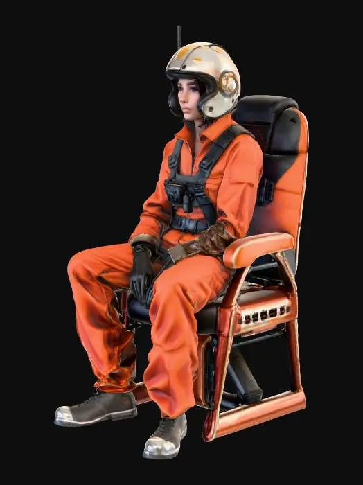3D model for Create a highly detailed 3D model of a seated female X-Wing pilot. She is wearing an iconic orange flight jumpsuit with realistic fabric folds, straps, and belts, similar to the original Star Wars Rebel pilot outfit. Include a classic Rebel helmet with markings and visor, slightly worn for realism. The pose should be seated, as if in a cockpit, with hands resting naturally on controls or knees. Focus on accurate proportions, heroic and confident posture, and attention to small details like gloves, boots, and pilot chest box. The model should be suitable for rigging and animation, with clean topology and high-quality textures.