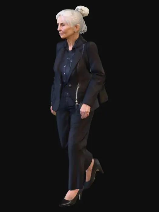 3D model for MUJER DE 75 AÑOS CON EL PELO BLANCO REOGIDO EN UNA COLETA, VESTIDA CON UN TRAJE CHAQUETA OSCURO Y CON UN BOLSO COLGADO DEL HOMBRO IZQUIERDO QUE SE ENCUENTRA CRUZANDO LA ACERA DE LA CALLE