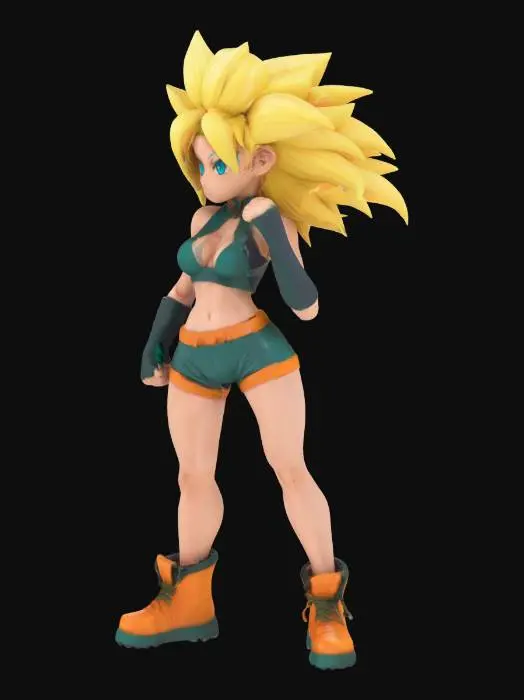 3D model for super saiyan Hatsune Miku, girl, curvy and muscular physique, dragon ball style