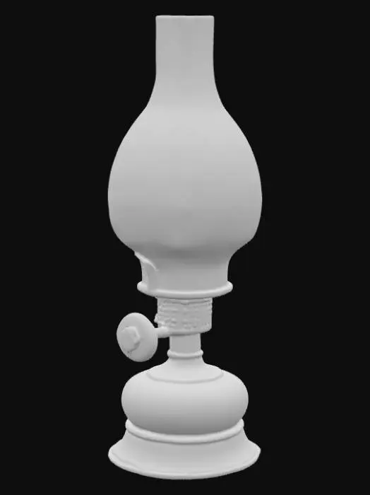 3D model for Керосиновая лампа, выполненная из латуни и стекла, имеет округлое основание с рельефным узором. Металлическая часть с патиной придает ей винтажный вид. Прозрачное стеклянное тело, сужающееся кверху, защищает фитиль, а над ним возвышается металлический абажур. Гладкое, прохладное стекло контрастирует с шероховатой, слегка окисленной поверхностью металла, создавая ощущение старинного, прочного предмета.