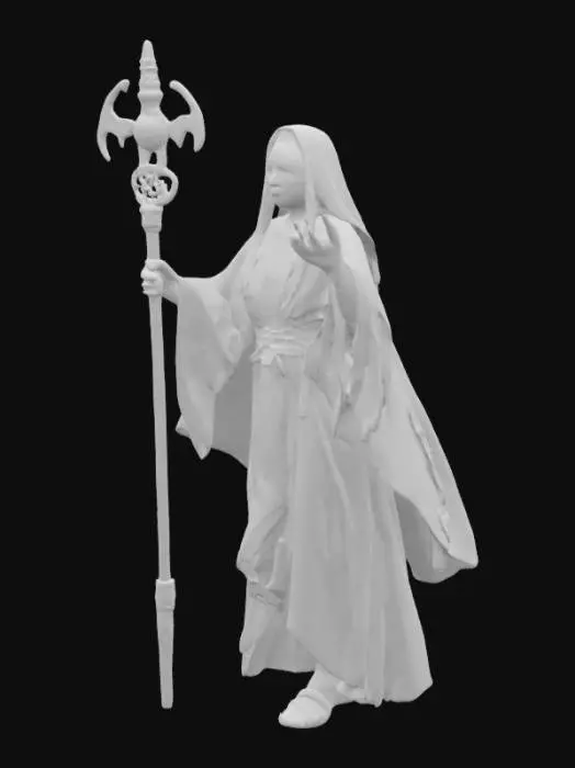 3D model for Freira segurando um bastão que toca o chão, fantasia, curvas, roupa leve, cura, alta resolução, alta qualidade, extremamente detalhado, pose épica, textura de alta qualidade, face detalhada, rosto bonito, tom de pele escuro, cabelo trançado.