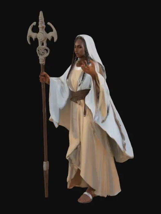 3D model for Freira segurando um bastão que toca o chão, fantasia, curvas, roupa leve, cura, alta resolução, alta qualidade, extremamente detalhado, pose épica, textura de alta qualidade, face detalhada, rosto bonito, tom de pele escuro, cabelo trançado.