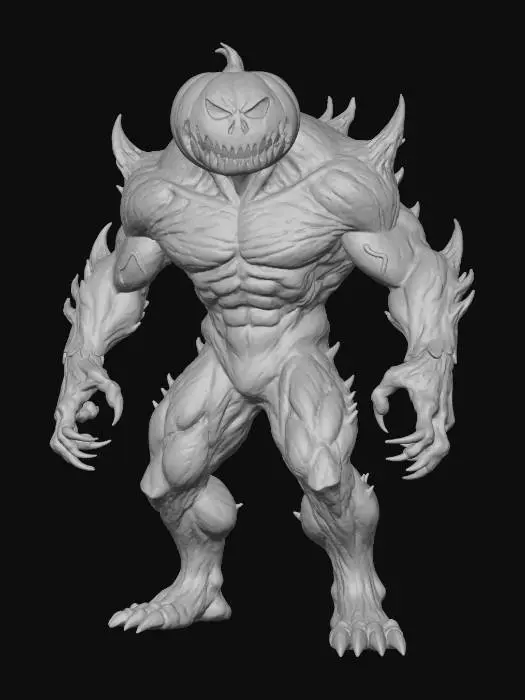 3D model for Halloween  demon, pumpkin face, sharp claws, magma cracks, doom style