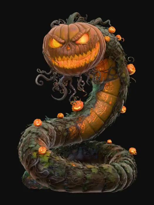 3D model for Halloween serpent, horror, pumpkin head, giant worm