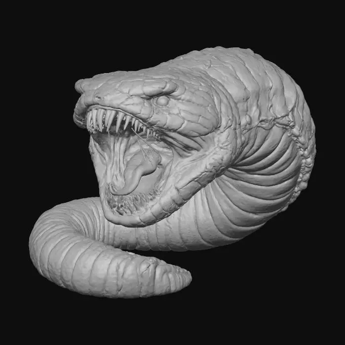 3D model for Desert Leviathan, A massive, worm-like creature with thick, rocky skin adapted to a wasteland environment.