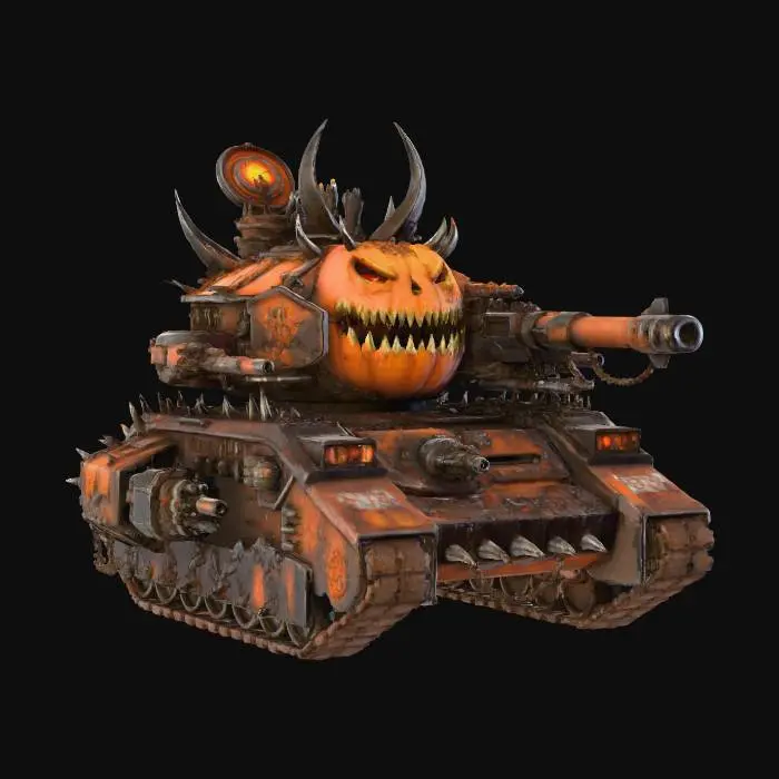 3D model for Halloween  demonic tank, angular pumpkin face turret, many guns, warhammer style, military
