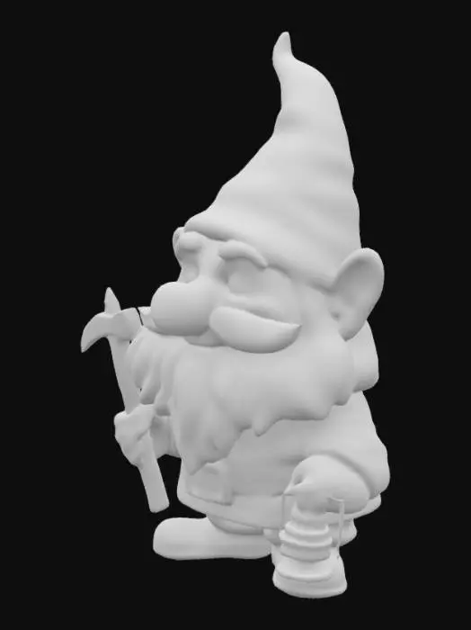 3D model for A gnome with a large round nose and a beard, wearing a big red hat. In one hand, he is holding a pickaxe, and in the other, an oil lamp.
The figurine is 10 centimeters tall.
The figurine should be in a cartoonish, funny style, like children's animations.
