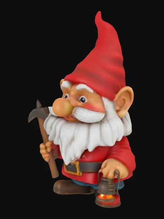 3D model for A gnome with a large round nose and a beard, wearing a big red hat. In one hand, he is holding a pickaxe, and in the other, an oil lamp.
The figurine is 10 centimeters tall.
The figurine should be in a cartoonish, funny style, like children's animations.
