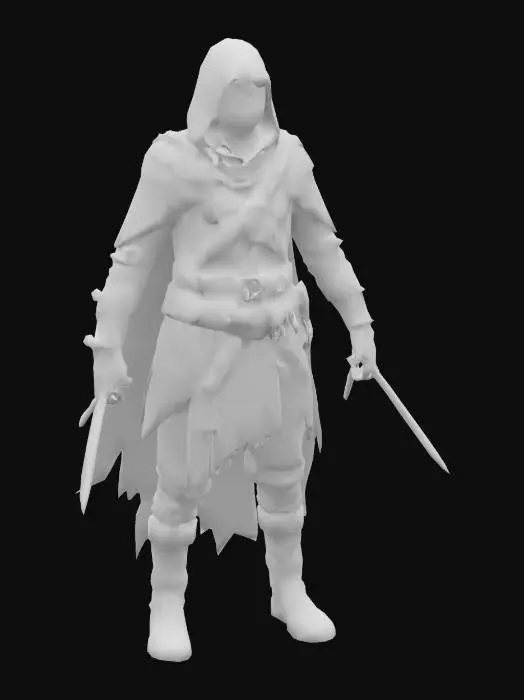 3D model for A shadow rogue in a medieval attire. Should have purple glowing eyes, a cap, daggers, throwing knives on a bandolier over his chest. Should also have a hood the masks his face leaving only his purple glowing eyes to be seen. 