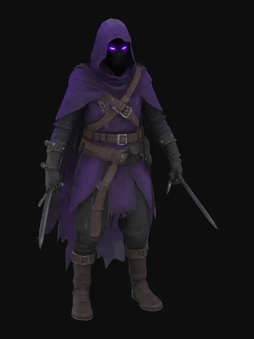 3D model for A shadow rogue in a medieval attire. Should have purple glowing eyes, a cap, daggers, throwing knives on a bandolier over his chest. Should also have a hood the masks his face leaving only his purple glowing eyes to be seen. 