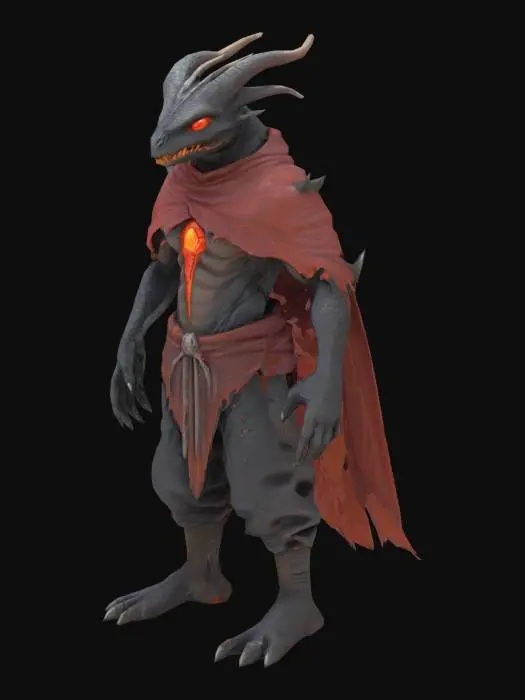 3D model for Dragon cultist minion enemy. Should have large stone like scales. Red-ish orange glowing eyes. A small very torn and worn red cape. Whole body should be covered in the stone like scales with small portions along body having seeping lava coming through. No weapons or shields just model.  Realistic style and full body. No wings.