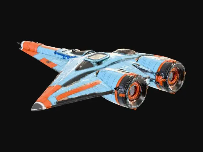 3D model for full-body, thick lines, fine details, beautiful colors, retro, spaceship, starfighter, video game art