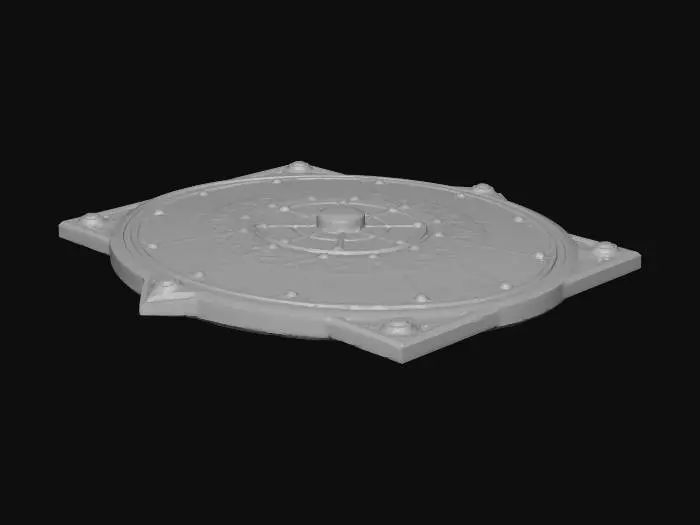 3D model for square tabletop game board surface, flat playable navigation map, radial sector layout with subtle asymmetry, shallow engraved sector boundaries, thicker major ring bands, recessed circular node anchor markers at intersections, widened route travel lanes with shallow troughs and double-line edges, edge gate entry markers on all sides, subtle coordinate tick marks, minimalist sci-fi navigation chart style, matte surface, neutral dark slate material, clean topology, chamfered outer edges, uniform board thickness, low-relief surface detail only, print-friendly geometry, manufacturing-ready, top-down orthographic proportions, optimized for token stability and tabletop readability