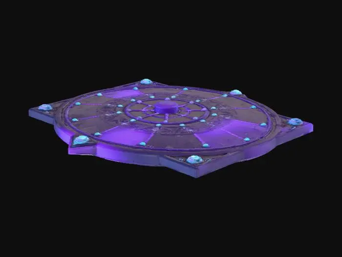 3D model for square tabletop game board surface, flat playable navigation map, radial sector layout with subtle asymmetry, shallow engraved sector boundaries, thicker major ring bands, recessed circular node anchor markers at intersections, widened route travel lanes with shallow troughs and double-line edges, edge gate entry markers on all sides, subtle coordinate tick marks, minimalist sci-fi navigation chart style, matte surface, neutral dark slate material, clean topology, chamfered outer edges, uniform board thickness, low-relief surface detail only, print-friendly geometry, manufacturing-ready, top-down orthographic proportions, optimized for token stability and tabletop readability