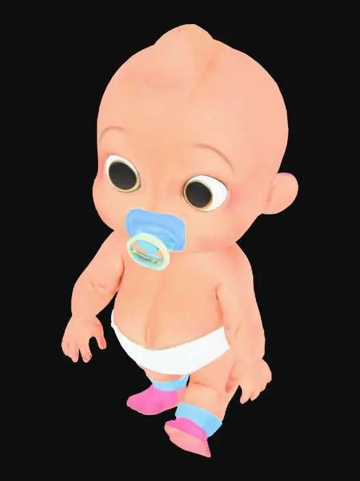 3D model for süßes baby ohne haare mit schnuller im mund, windel, bunte socken, cartoon