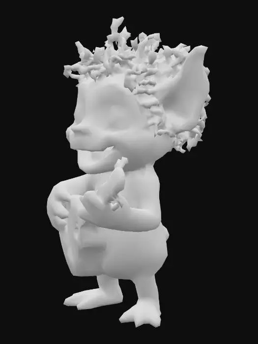 3D model for Ein liebenswertes Monster mit asymmetrisch abstehenden Ohren, die eine sanft gerundete Form aufweisen. Seine Haut ist ein lebhaftes, apfelgrünes und leicht faltiges Gewebe, das sich griffig anfühlen könnte. Ein Büschel aus feinem, lockigem, kohlrabenschwarzem Haar sitzt auf seinem Scheitel. Es hat spitz zulaufende, senfgelbe Fingernägel und kleine, gelbliche Zähne, dazu eine dicke, kirschrote Zunge. Eine detailreiche Balalaika aus dunklem, poliertem Holz mit metallenen Stimmwirbeln ruht in seinen Händen.