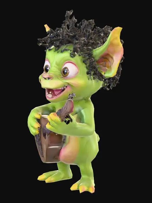 3D model for Ein liebenswertes Monster mit asymmetrisch abstehenden Ohren, die eine sanft gerundete Form aufweisen. Seine Haut ist ein lebhaftes, apfelgrünes und leicht faltiges Gewebe, das sich griffig anfühlen könnte. Ein Büschel aus feinem, lockigem, kohlrabenschwarzem Haar sitzt auf seinem Scheitel. Es hat spitz zulaufende, senfgelbe Fingernägel und kleine, gelbliche Zähne, dazu eine dicke, kirschrote Zunge. Eine detailreiche Balalaika aus dunklem, poliertem Holz mit metallenen Stimmwirbeln ruht in seinen Händen.