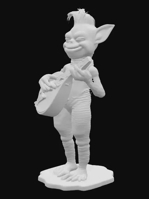 3D model for Ein liebenswertes Monster mit asymmetrisch abstehenden Ohren, die eine sanft gerundete Form aufweisen. Seine Haut ist ein lebhaftes, apfelgrünes und leicht faltiges Gewebe, das sich griffig anfühlen könnte. Ein Büschel aus feinem, lockigem, kohlrabenschwarzem Haar sitzt auf seinem Scheitel. Es hat spitz zulaufende, senfgelbe Fingernägel und kleine, gelbliche Zähne, dazu eine dicke, kirschrote Zunge. Eine detailreiche Balalaika aus dunklem, poliertem Holz mit metallenen Stimmwirbeln ruht in seinen Händen.