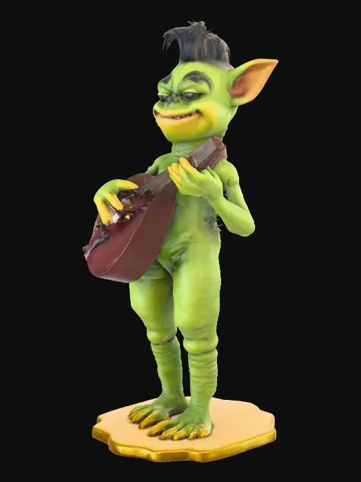 3D model for Ein liebenswertes Monster mit asymmetrisch abstehenden Ohren, die eine sanft gerundete Form aufweisen. Seine Haut ist ein lebhaftes, apfelgrünes und leicht faltiges Gewebe, das sich griffig anfühlen könnte. Ein Büschel aus feinem, lockigem, kohlrabenschwarzem Haar sitzt auf seinem Scheitel. Es hat spitz zulaufende, senfgelbe Fingernägel und kleine, gelbliche Zähne, dazu eine dicke, kirschrote Zunge. Eine detailreiche Balalaika aus dunklem, poliertem Holz mit metallenen Stimmwirbeln ruht in seinen Händen.