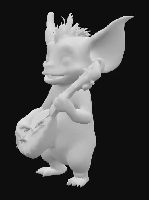 3D model for Ein kleines, knuffiges Monster mit ungleich langen, schiefen Ohren, die weich und biegsam wirken. Seine glatte, hellgrüne Haut hat einen leicht matten Schimmer, während ein Schopf aus grobem, pechschwarzem Haar seinen Kopf ziert. Es besitzt stumpfe, gelblich-elfenbeinfarbene Fingernägel und Zähne, und eine auffällig leuchtend rote Zunge lugt hervor. Es hält eine kompakt gebaute Balalaika mit einer glänzenden Holzoberfläche und gespannten Saiten.
