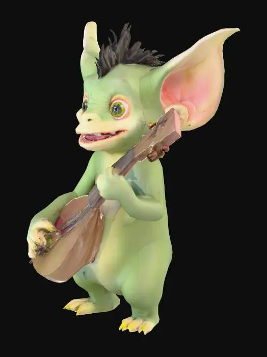 3D model for Ein kleines, knuffiges Monster mit ungleich langen, schiefen Ohren, die weich und biegsam wirken. Seine glatte, hellgrüne Haut hat einen leicht matten Schimmer, während ein Schopf aus grobem, pechschwarzem Haar seinen Kopf ziert. Es besitzt stumpfe, gelblich-elfenbeinfarbene Fingernägel und Zähne, und eine auffällig leuchtend rote Zunge lugt hervor. Es hält eine kompakt gebaute Balalaika mit einer glänzenden Holzoberfläche und gespannten Saiten.