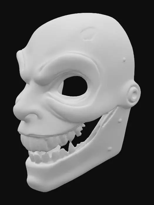 3D model for eine böse Gesichtsmaske in schwarz-weis, grinsend und gruselig, viel Metalloberfläche und Blut in den Mundwinkeln