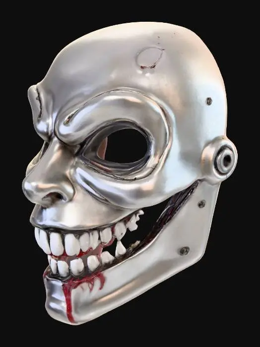 3D model for eine böse Gesichtsmaske in schwarz-weis, grinsend und gruselig, viel Metalloberfläche und Blut in den Mundwinkeln
