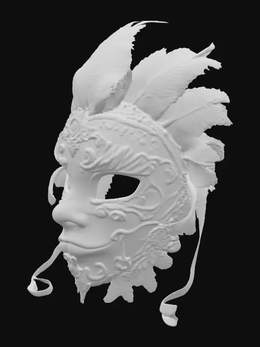 3D model for eine kinky Maske im Stil von Broadway oder Moulin Rouge, an der Oberfläche viele feine Muster in weis und rot